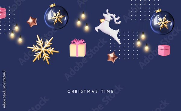 Fototapeta Happy New Year banner with deer and glass ball with snowflake, gift boxes and light bulbs. 3D design.