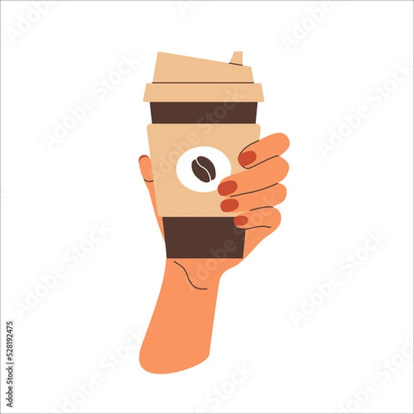 Fototapeta Female hand holding paper cup of coffee take away. Hot cappuccino to go. Warm beverage vector illustration isolated on white background