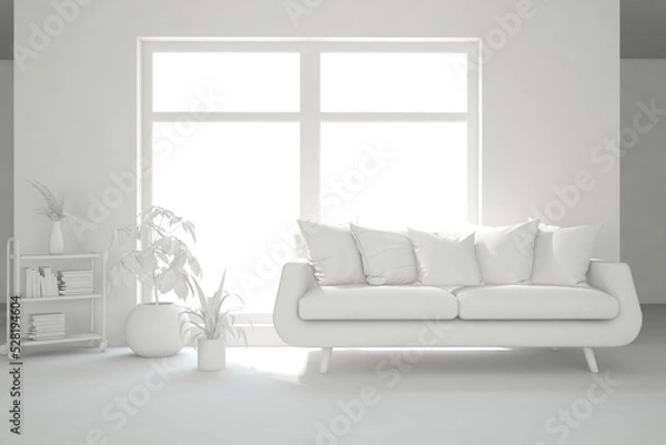 Fototapeta White minimalist living room with sofa. Scandinavian interior design. 3D illustration