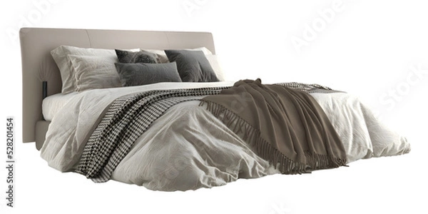 Fototapeta Khaki white gray bedding set, bed, perspective