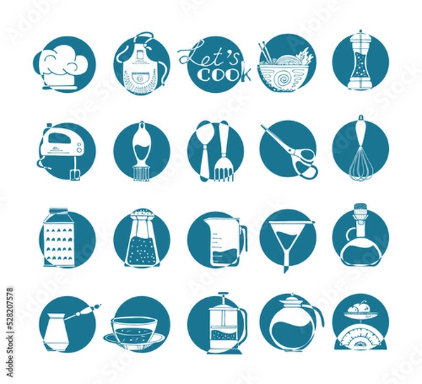Fototapeta Set of kitchen tools doodles. Hand drawn cooking equipments.