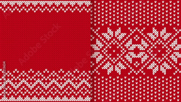 Fototapeta Holiday Xmas winter ornament. Christmas knit print. Set of seamless patterns. Festive crochet. Vector. Red knitted sweater textures. Fair isle traditional geometric backgrounds.