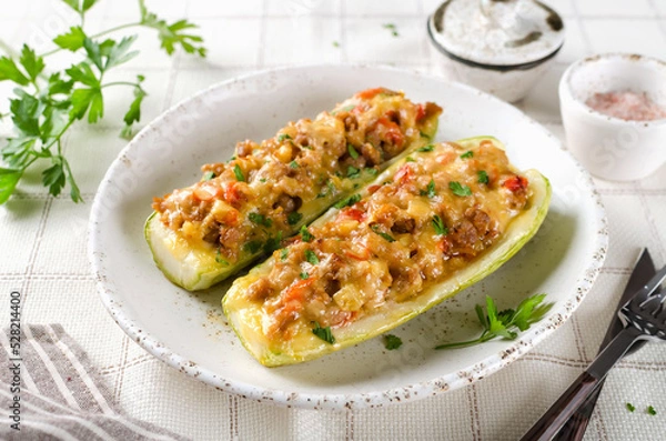 Fototapeta Zucchini stuffed with minced meat and tomatoes and cheese.