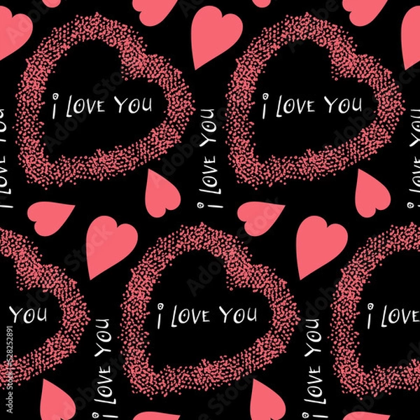 Obraz Plush red heart on black background seamless pattern for holiday valentine's day