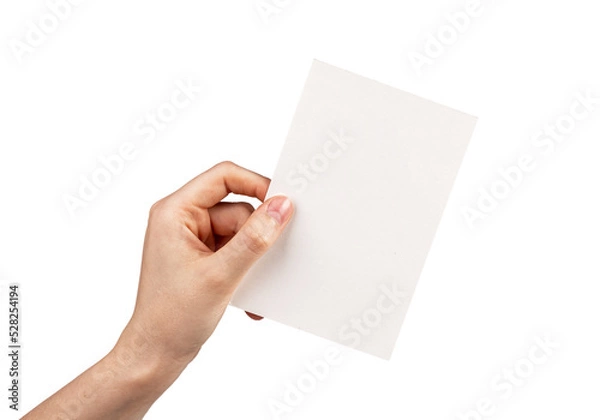 Fototapeta Hand holding postcard mockup isolated on white background. Letter, invitation, brochure, greeting template with place for text. Paper in rotated position.