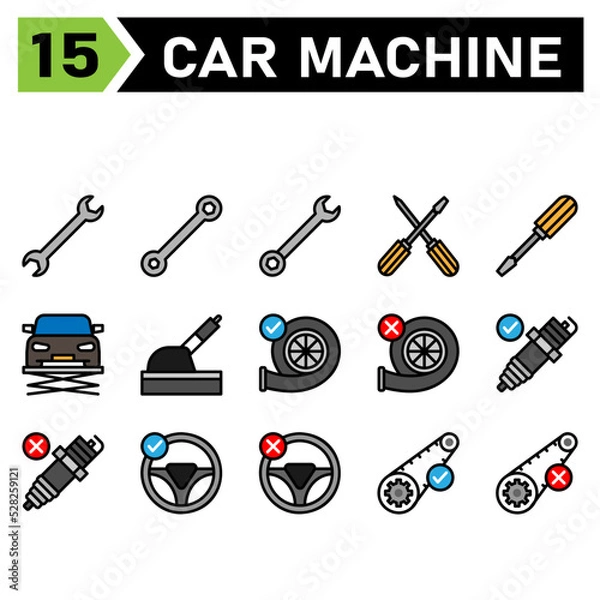 Fototapeta car machine icon set include tools, tool, wrench, setting, car, screwdriver, lift, service, maintenance, automobile, handbrake, brake, turbo, machine, engine, accept, broken, spark, plug, mechanic