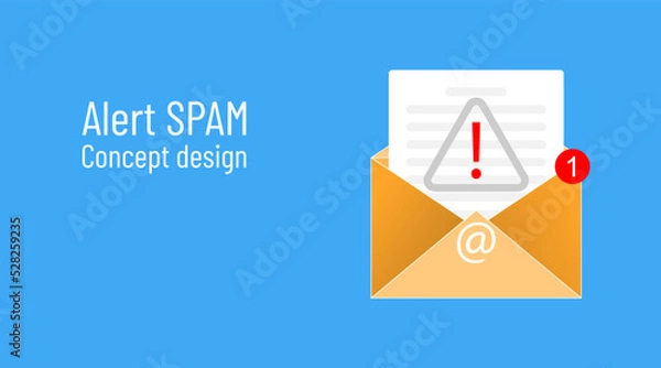 Fototapeta Alert spam concept design. Yellow fraud letter icon with document, alert exclamation warning sign, red notification. Email symbol at. Phishing newsletter mail illustration. Scam and malicious spam