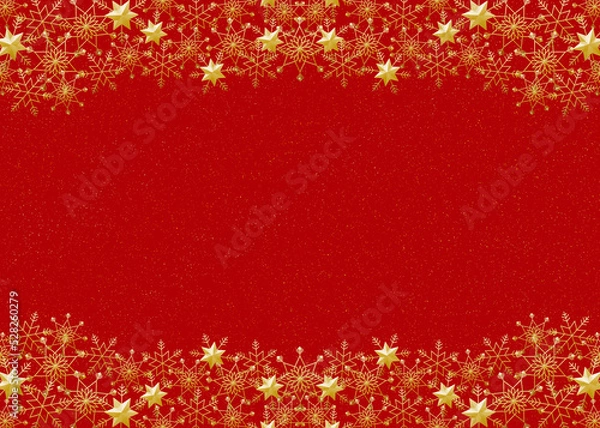 Fototapeta 雪の結晶　フレーム　ゴールド　背景　赤　ダスト（金色）