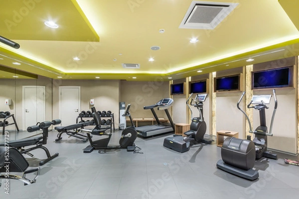Fototapeta The interior of a modern gym with treadmills, exercise bikes and dumbbells for power loads.