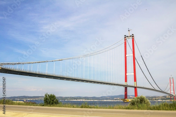 Fototapeta 1915 Canakkale Bridge in Canakkale, Turkey. World's longest suspension bridge. 1915 Canakkale Bridge connects  Lapseki to  Gelibolu.