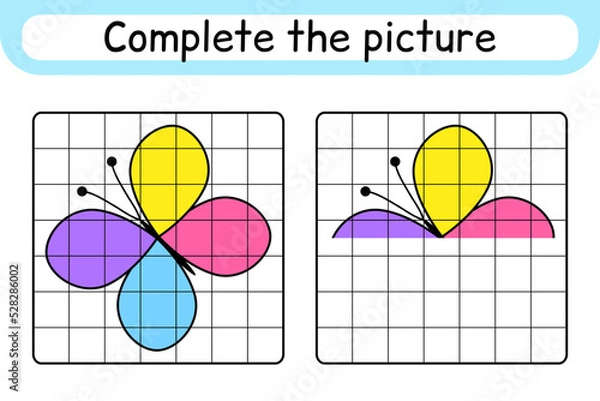 Fototapeta Complete the picture butterfly. Copy the picture and color. Finish the image. Coloring book. Educational drawing exercise game for children