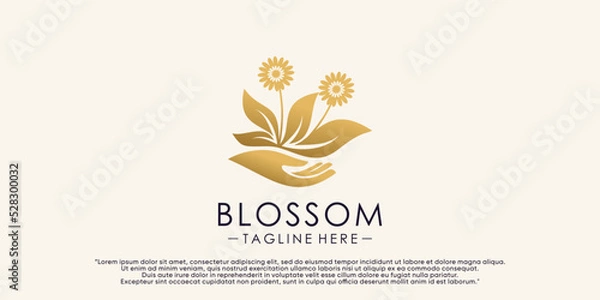 Fototapeta Creative floral blossom logo design template with hand and leaf element Premium Vector