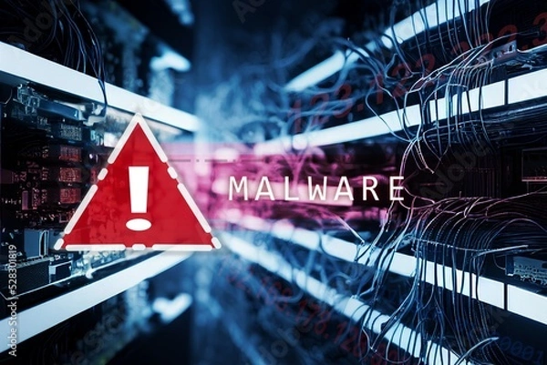 Obraz illustration of white exclamation mark and malware alert as red highlight on blue blurred server hardware with led lights
