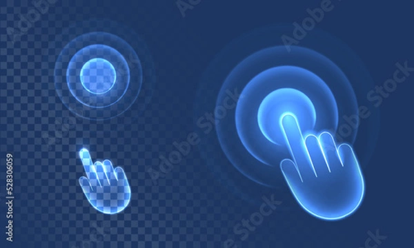 Obraz Touch wave from hand gesture in digital futuristic style on blue background. Neon icon of hand movement or display click. Neon vector illustration with light effect.