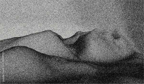 Fototapeta Vector landscape of mountain in dotwork style. Stipple illustration design. Old retro dot texture vintage gradient. Pointillism graphic. Grain terrain wallpaper.