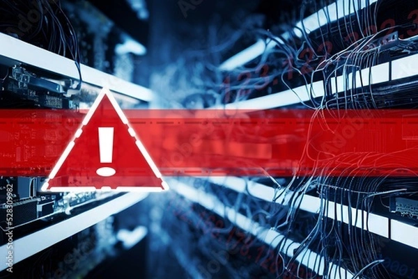 Obraz illustration of white exclamation mark and malware alert as red highlight on blue blurred server hardware with led lights