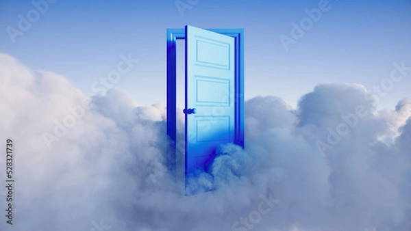 Fototapeta 3d render, abstract background, white clouds with blue door opening, opportunity concept