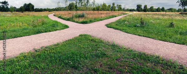 Obraz Crossroads of wide sandy footpaths among grass, flowers and young trees in an open field. Concept landscape.