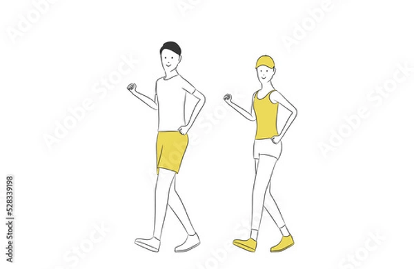 Fototapeta ウォーキングする男女のシンプルなイラスト