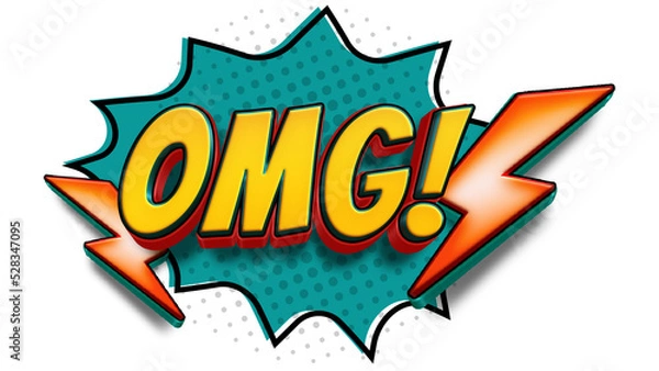 Obraz omg! cartoon comic 3d text speech bubble with blue explosion and flash icon
