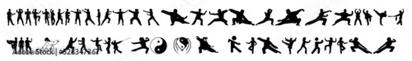 Fototapeta A collection of silhouettes of various kinds of taichi movements on a white background