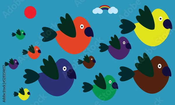 Fototapeta vector image of parrots in different colors flying in the sky