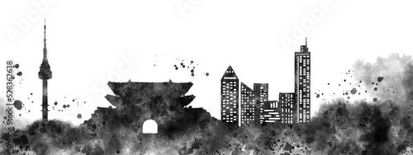 Obraz 수채화와 수묵화 분위기의 동양 풍경 산수화 디자인 배경 이미지.