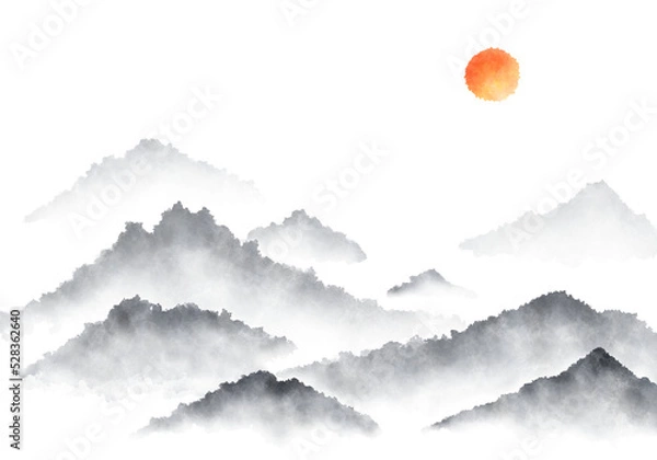Obraz 수채화와 수묵화 분위기의 동양 풍경 산수화 디자인 배경 이미지.