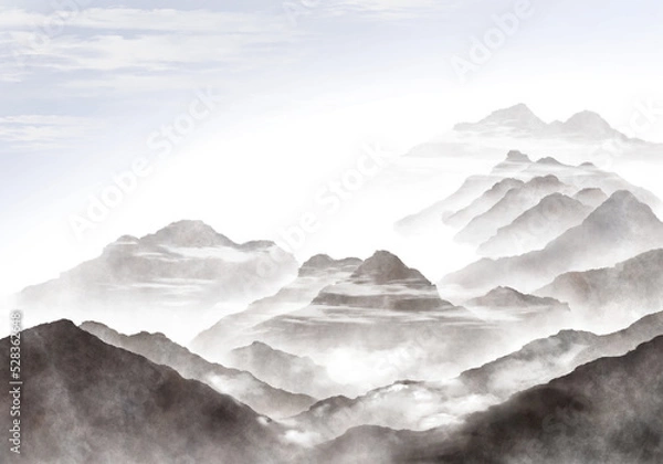 Obraz 수채화와 수묵화 분위기의 동양 풍경 산수화 디자인 배경 이미지.