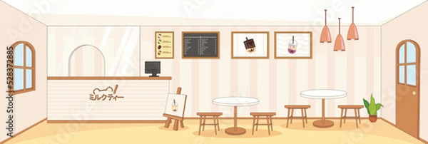 Fototapeta Cute and nice design of Bubble milk tea cafe Inside with furniture and interior objects vector design
