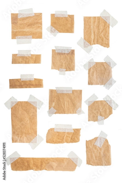 Fototapeta Brown paper blank sign tag label with tape. Png realistic design element.
