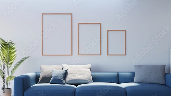 Fototapeta three Photo Frame mockup with white wall, 3d rendering