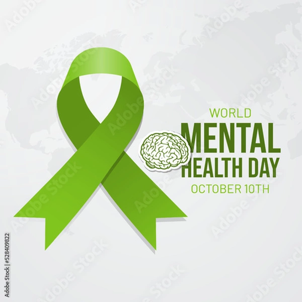 Fototapeta World Mental Health Day October 10th with a green ribbon and maps illustration on isolated background