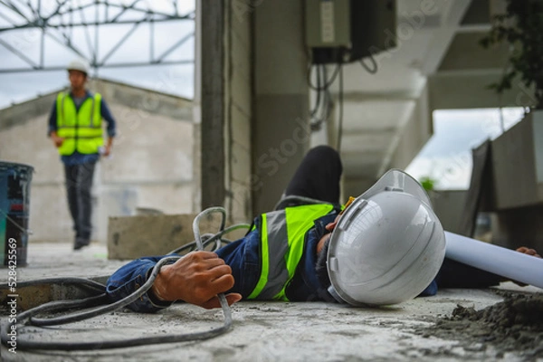 Fototapeta Accident from work of an electrical engineer or maintenance worker lying unconscious and tensed hands on floor near power control box after an accident short circuit while someone is coming to help