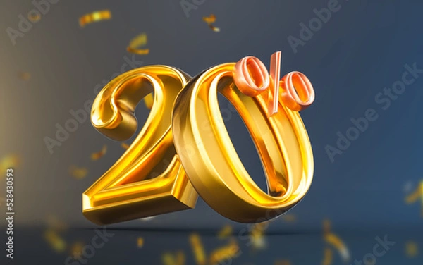 Fototapeta black Friday mega offer 20 percent discount with gold confetti 3d render concept for big shopping