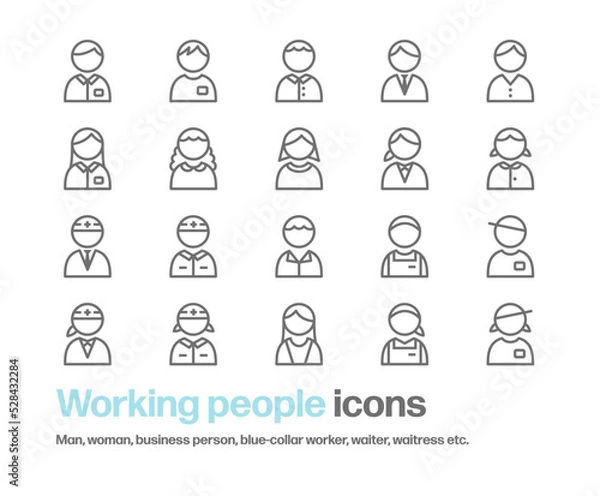 Obraz 色々な職業の働く人々のアイコンセット。オフィスで働く人々や工事現場で働く人々のアイコンが含まれている。さまざまな髪型の男性と女性のシンプルな形のイラスト。