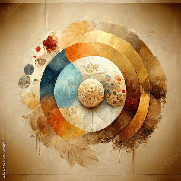 Obraz Modern illustration with watercolor circles, splashes, gold lines and geometry, rounded, brush strokes. Brown background, circles for wall pictures, covers, packages. Trendy poster.