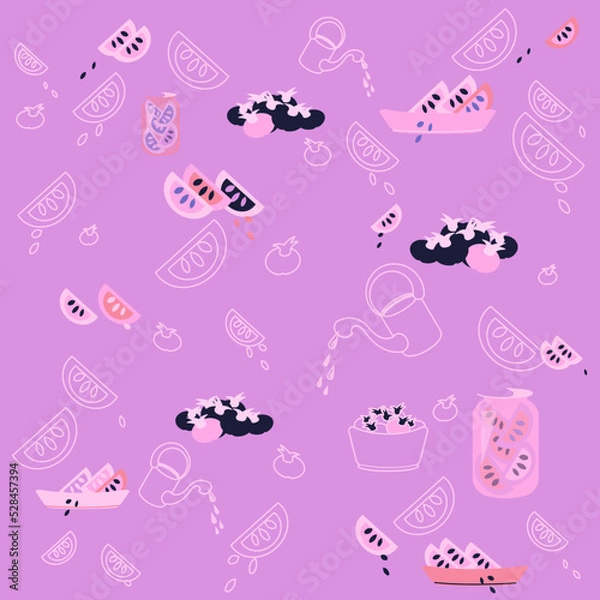 Obraz Fruit Vector Pattern with Fruit Slices and Watering Can