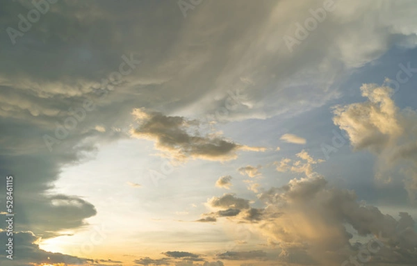 Fototapeta Horizon panorama and dramatic twilight sky and cloud sunset background. Natural sky background texture, beautiful color. Dark clouds, big storm and rain.