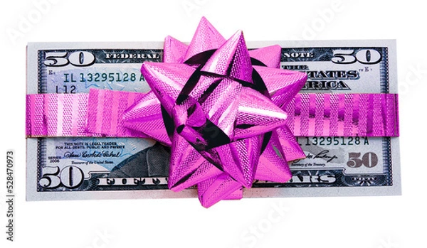 Obraz 50 dollar notes wrapped with a  pink ribbon transparent