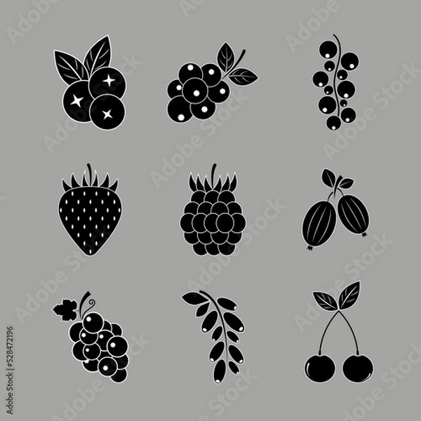 Fototapeta Berries icon set. Black sign wild berries with white outline. Berry icon isolated. Flat icon strawberry, blueberry, raspberry, currant, gooseberry, barberry, cherry. Vector illustration