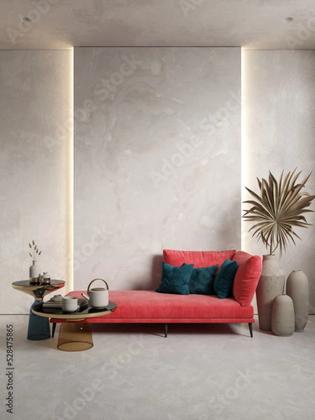 Obraz Interior with red sofa, stone wall panel, backlight and decor. 3d render illustration mockup.