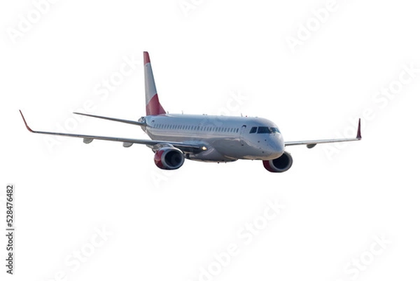 Obraz Slide view of jet aircraft, isolated. modern jet airplane with body prepare for landing isolated on white background