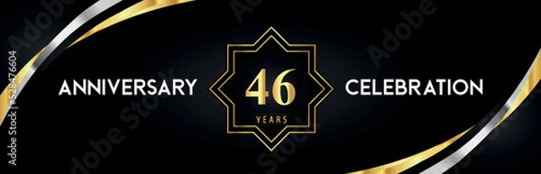 Fototapeta 46th anniversary celebration with gold star frames and creative silver shapes on black background. Premium design for the ceremony, jubilee, birthday party, greeting card, wedding, and banner.
