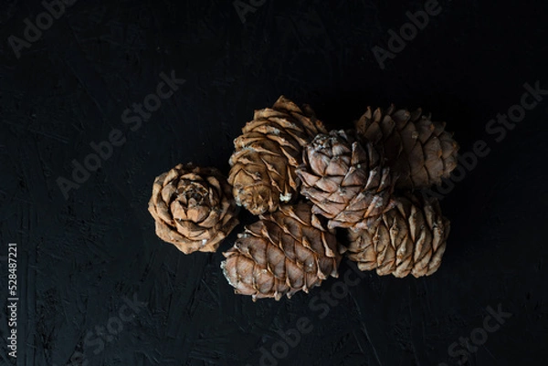 Obraz Cedar cones. Black background. Healthy food. Nuts