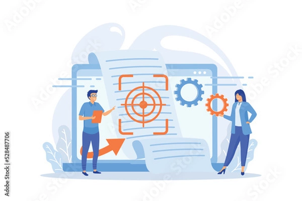 Obraz Tiny people project managers work on vision and scope document. Vision and scope document, project main plan, project management document concept. flat vector modern illustration