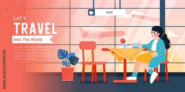 Fototapeta Woman Waiting For Departure Time At Cafe In Airport Terminal, Vector