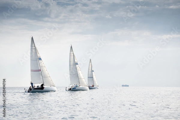 Fototapeta Group of yachts sailing in the wind during regatta