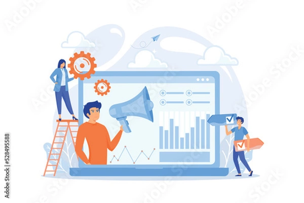 Fototapeta Tiny people, marketer with megaphone, consumers data analysis. Data driven marketing, consumer behaviour analysis, digital marketing trend concept. flat vector modern illustration