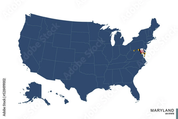 Fototapeta State of Maryland on blue map of United States of America. Flag and map of Maryland.